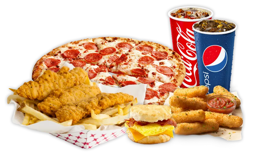 Pizza, chicken tenders, fries and fountain drinks from the Cowboys deli